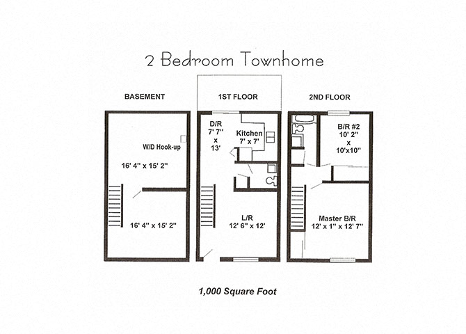 Floor plan for 2 beds, 1.5 baths, 1000 sqft